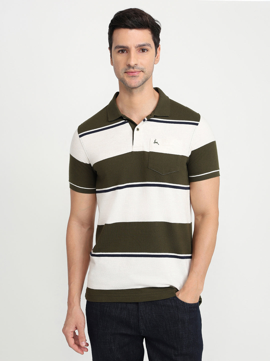 Parx Men Green Yarn Dyed Regular Fit Cotton Blend Half Sleeve T-Shirt