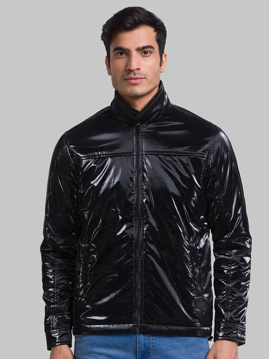 Men Black Solid Polyester Full Sleeve Jackets