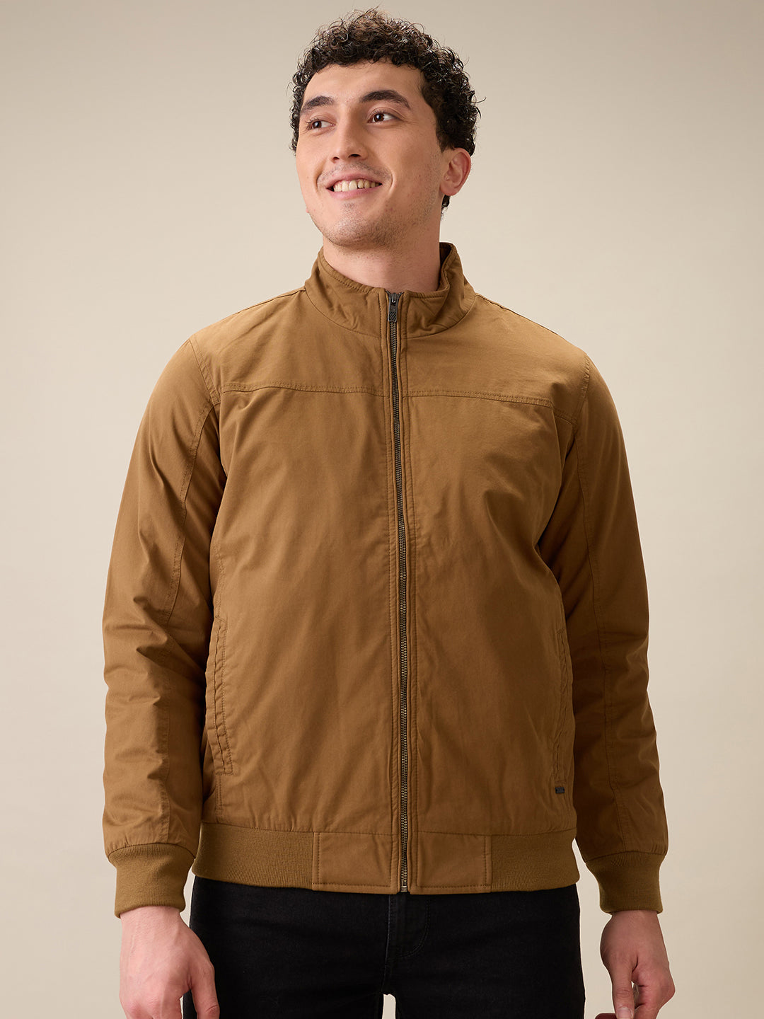 Parx Men Khaki Solid Cotton Full Sleeve Jacket