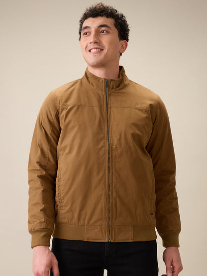 Parx Men Khaki Solid Cotton Full Sleeve Jacket