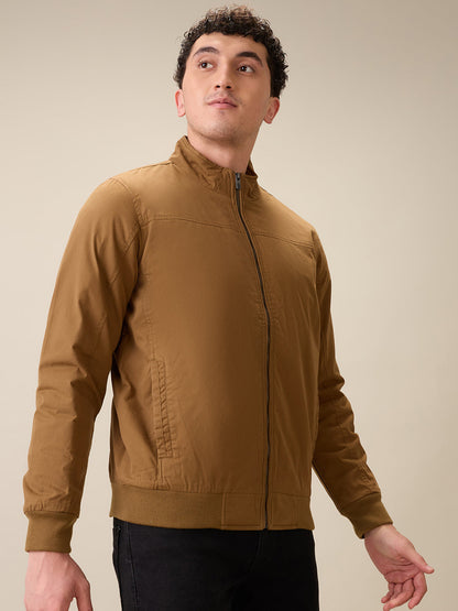 Parx Men Khaki Solid Cotton Full Sleeve Jacket