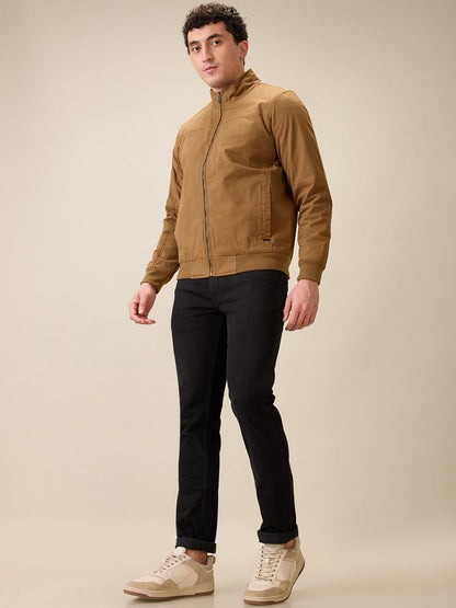 Parx Men Khaki Solid Cotton Full Sleeve Jacket