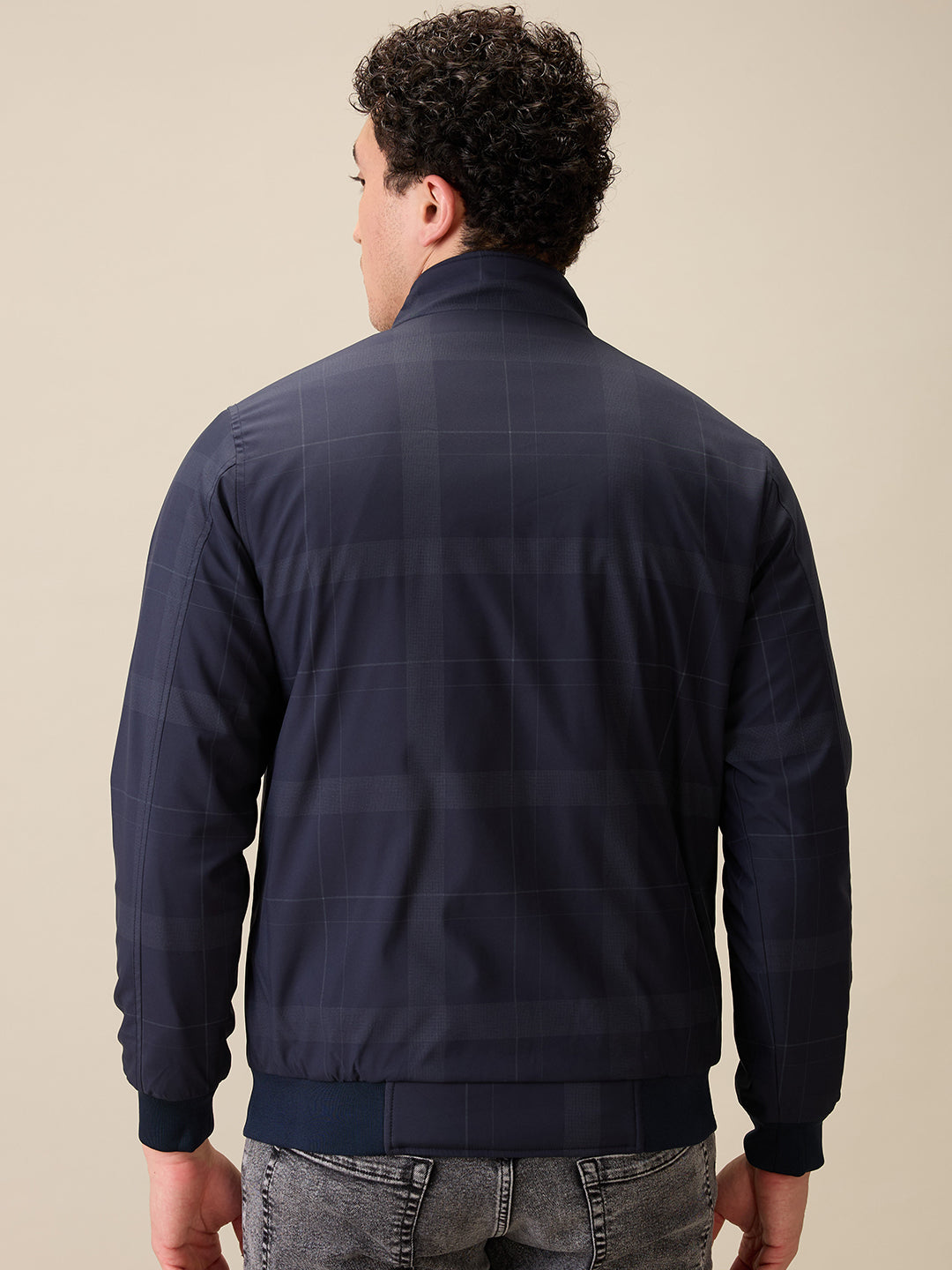 Parx Men Blue Printed Polyester Full Sleeve High Neck Collar Jacket