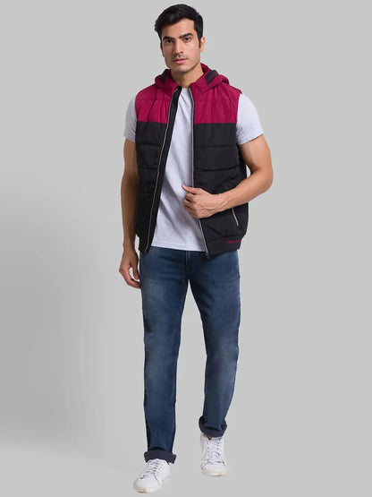 Men Black Cut & Sew Polyester Sleeveless Jackets