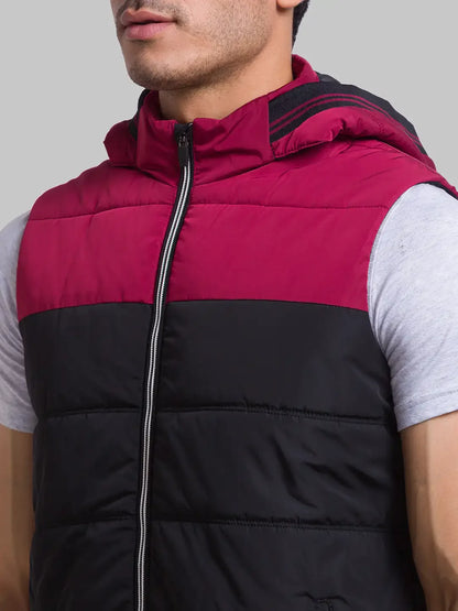 Men Black Cut & Sew Polyester Sleeveless Jackets