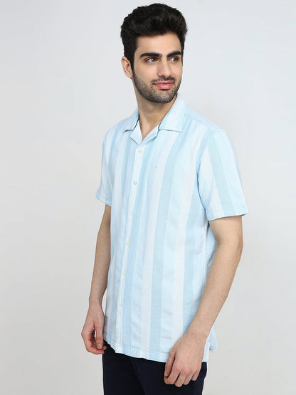 Parx Men Blue Stripe Slim Fit Cotton Half Sleeve Casual Shirt