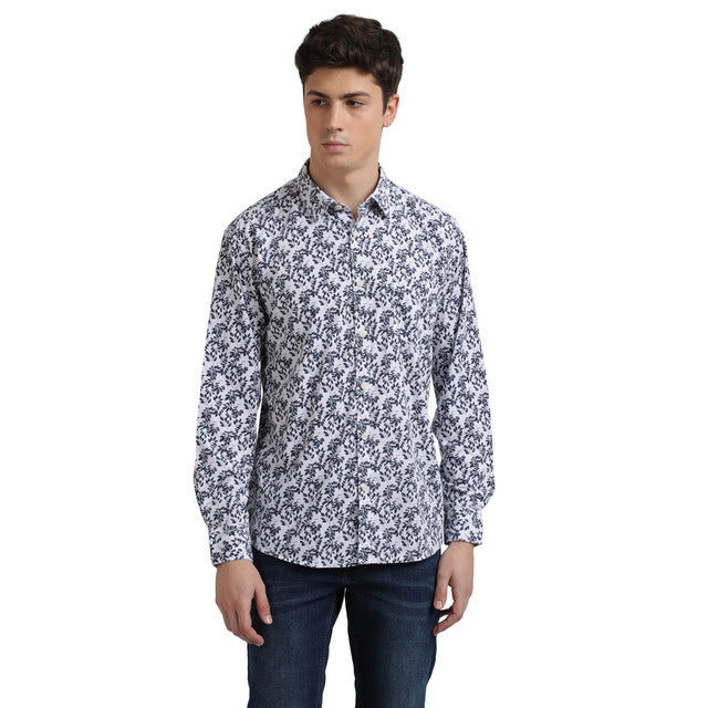 Parx Men Blue Printed Slim Fit Polyester Blend Shirt