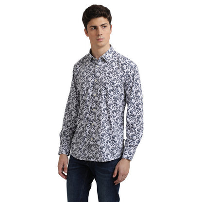 Parx Men Blue Printed Slim Fit Polyester Blend Shirt
