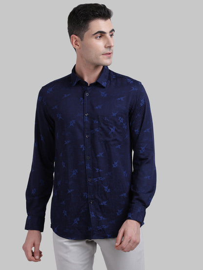 Parx Blue Jacquard Slim Fit Full Sleeve Bamboo Blend Shirt