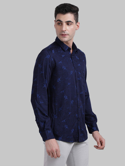 Parx Blue Jacquard Slim Fit Full Sleeve Bamboo Blend Shirt