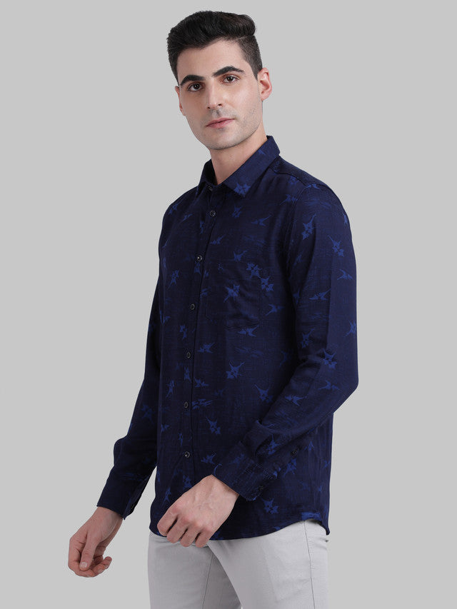 Parx Blue Jacquard Slim Fit Full Sleeve Bamboo Blend Shirt
