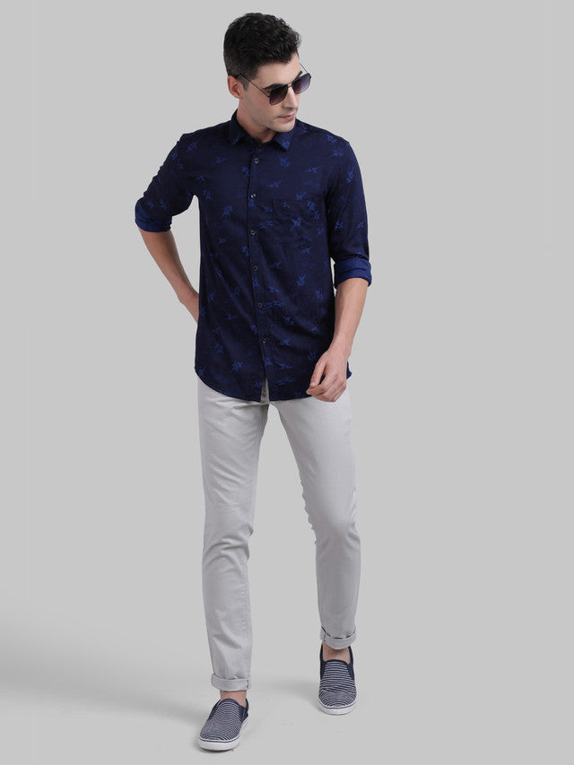 Parx Blue Jacquard Slim Fit Full Sleeve Bamboo Blend Shirt