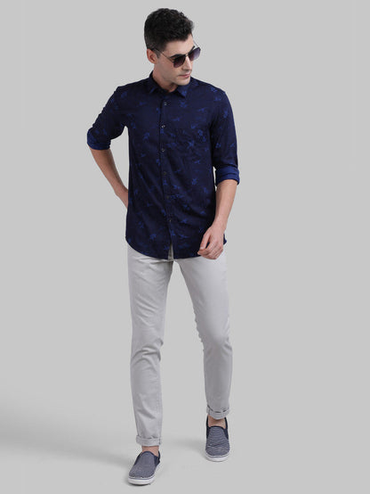 Parx Blue Jacquard Slim Fit Full Sleeve Bamboo Blend Shirt