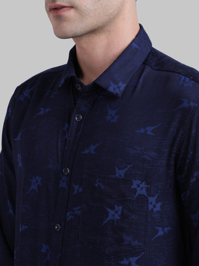 Parx Blue Jacquard Slim Fit Full Sleeve Bamboo Blend Shirt