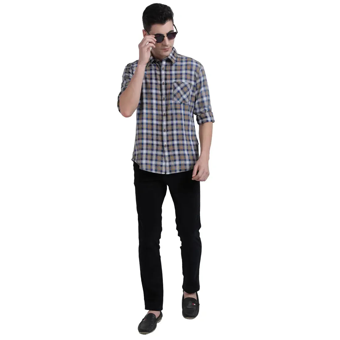 Men Brown Slim Fit Checks Cotton Full Sleeve Shirts