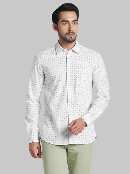 Men White Slim Fit Print Polyester Blend Full Sleeve Shirts