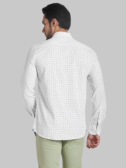 Men White Slim Fit Print Polyester Blend Full Sleeve Shirts