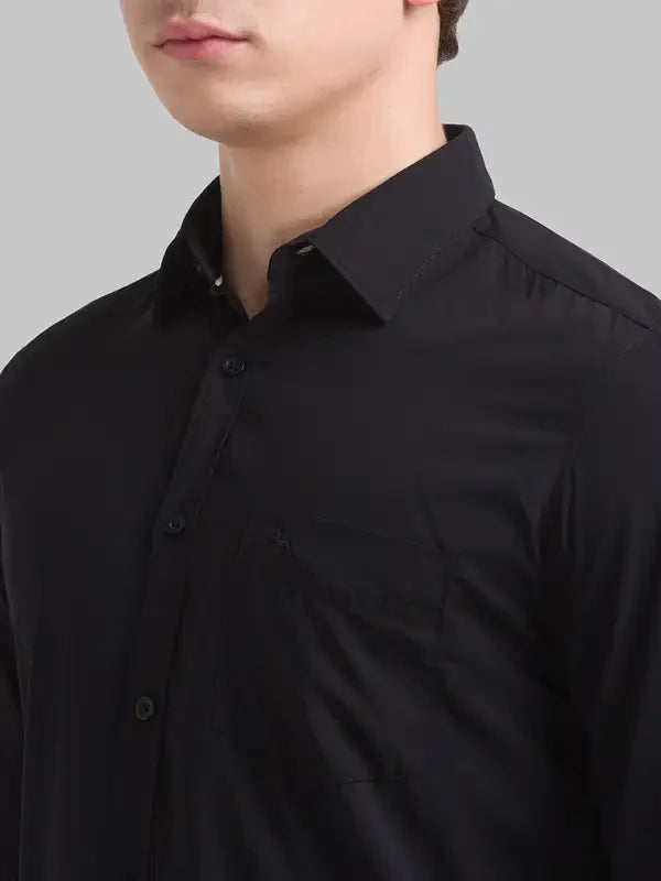Men Black Slim Fit Solid Polyester Blend Full Sleeve Shirts