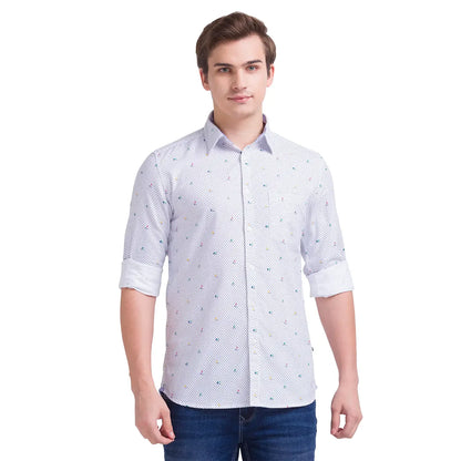 Men White Slim Fit Print Cotton Full Sleeve Shirts