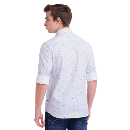 Men White Slim Fit Print Cotton Full Sleeve Shirts