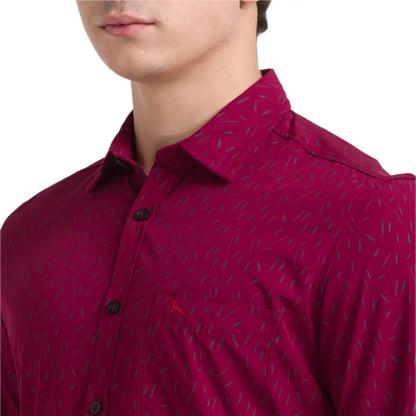 Men Red Slim Fit Print Polyester Blend Full Sleeve Shirts