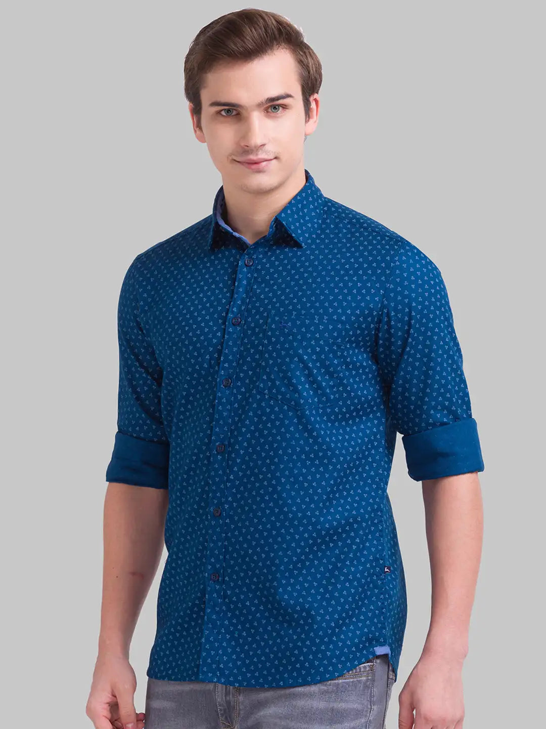 Men Blue Slim Fit Print Cotton Full Sleeve Shirts