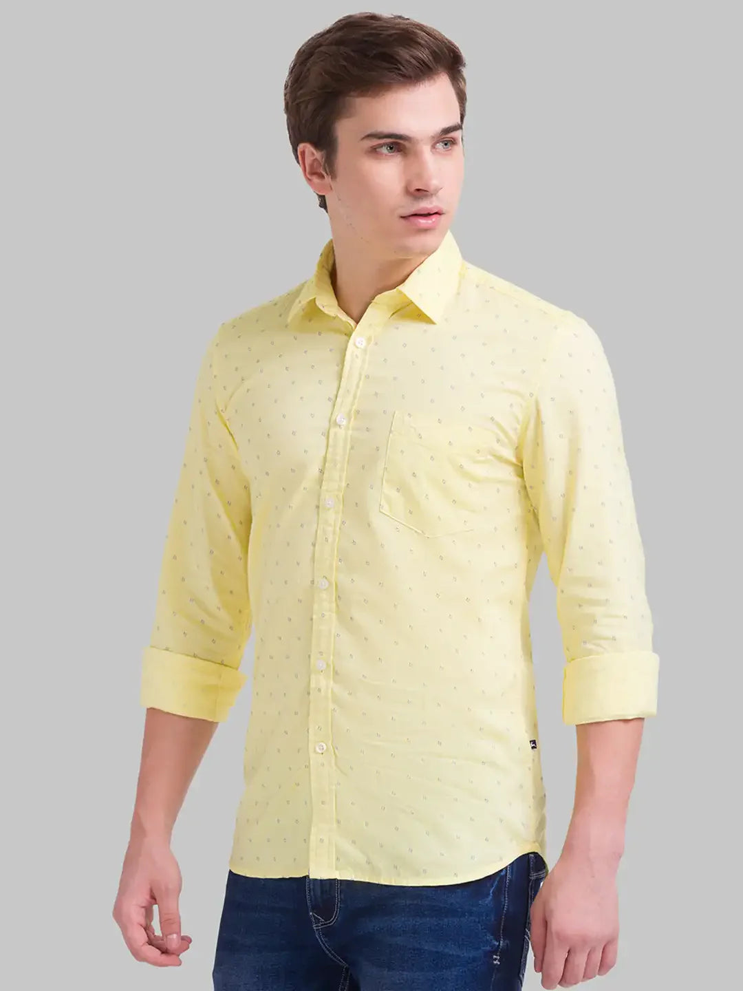 Men Yellow Slim Fit Print Cotton Full Sleeve Shirts