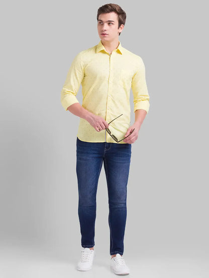 Men Yellow Slim Fit Print Cotton Full Sleeve Shirts