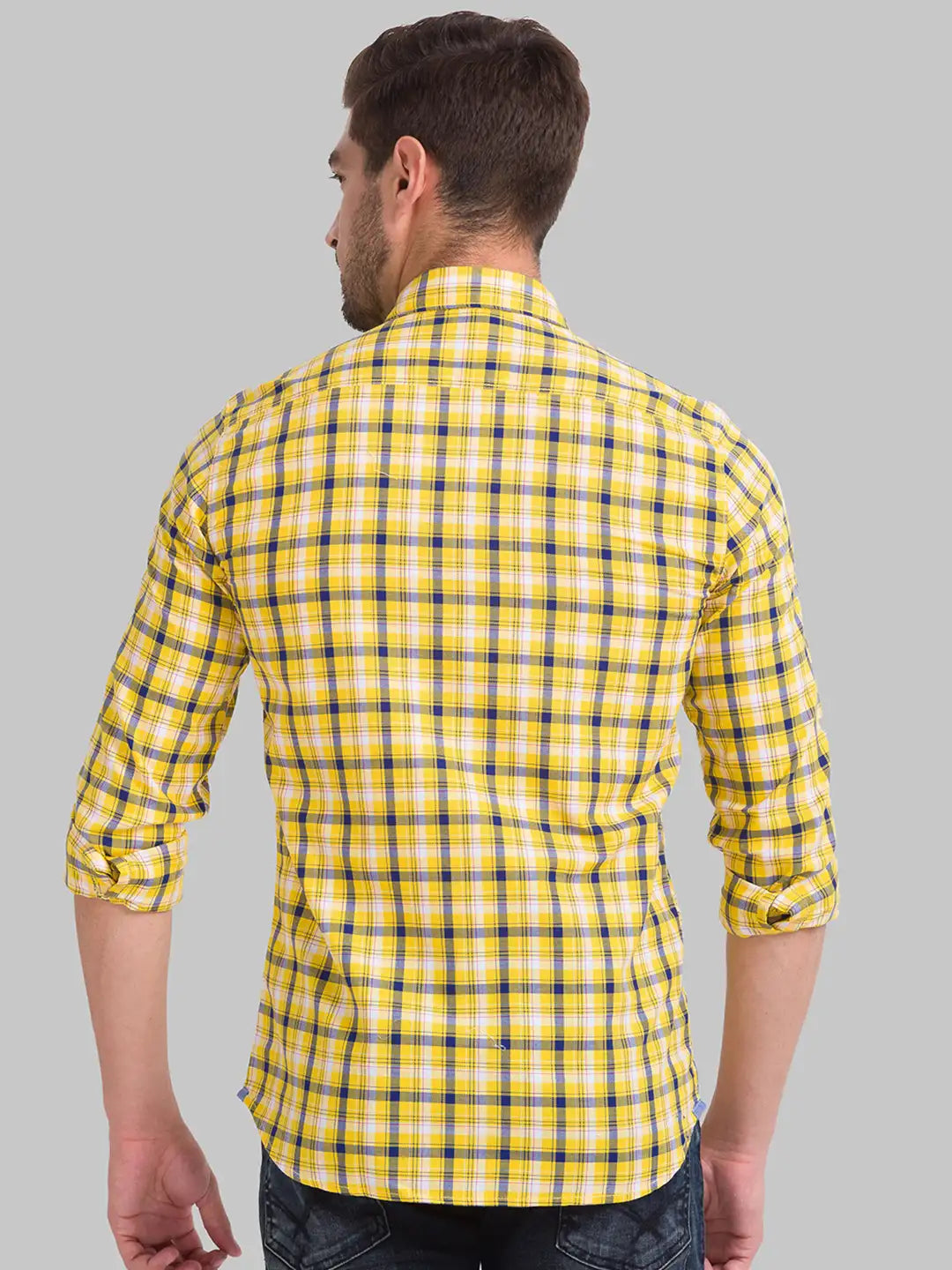 Men Yellow Slim Fit Checks Cotton Full Sleeve Shirts