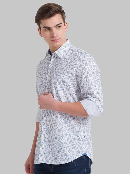 Men White Slim Fit Print Cotton Full Sleeve Shirts