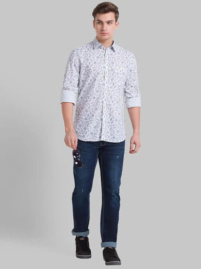 Men White Slim Fit Print Cotton Full Sleeve Shirts