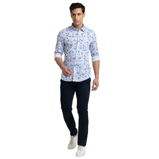 Men Blue Slim Fit Print Cotton Full Sleeve Shirts