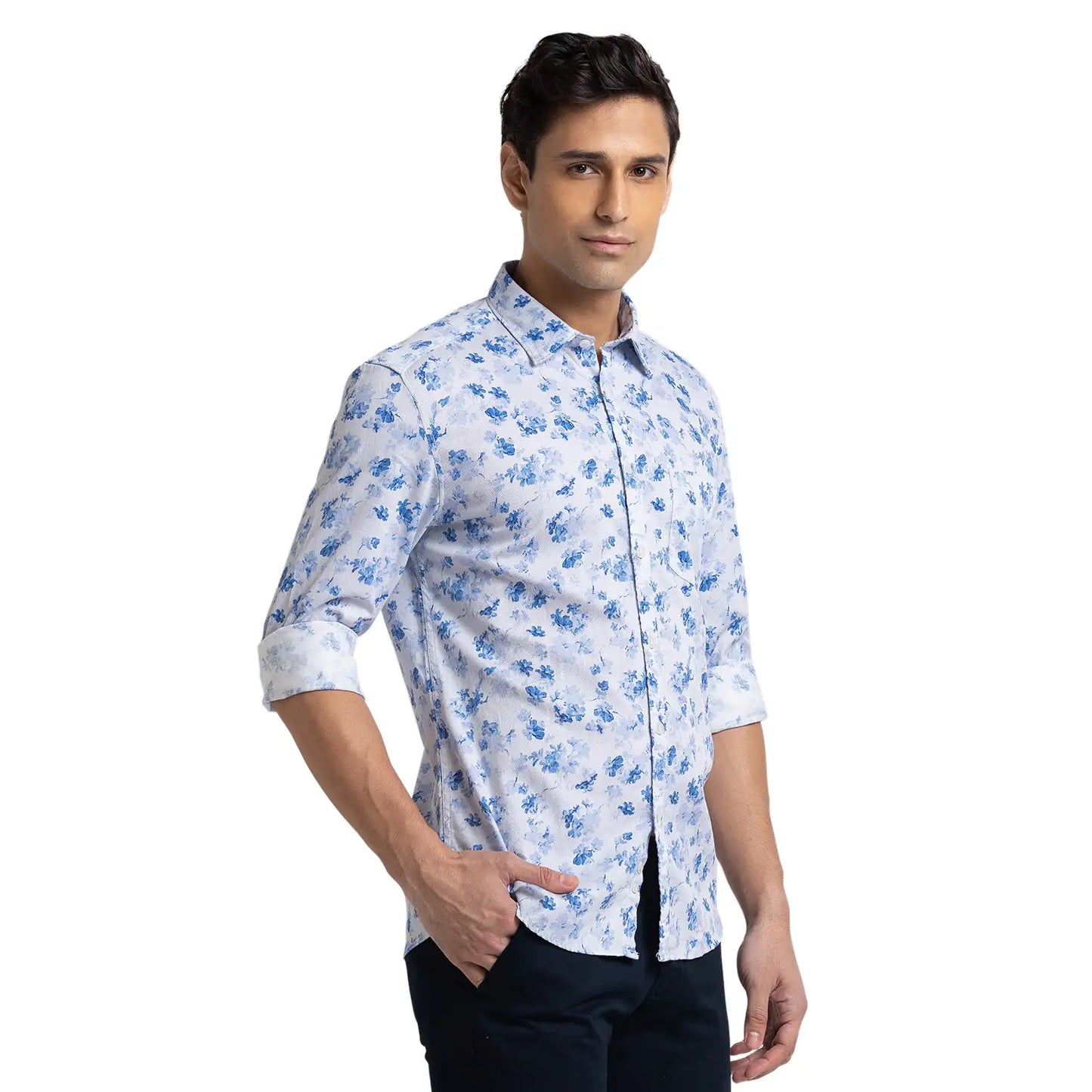 Men Blue Slim Fit Print Cotton Full Sleeve Shirts