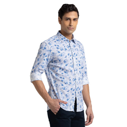 Men Blue Slim Fit Print Cotton Full Sleeve Shirts