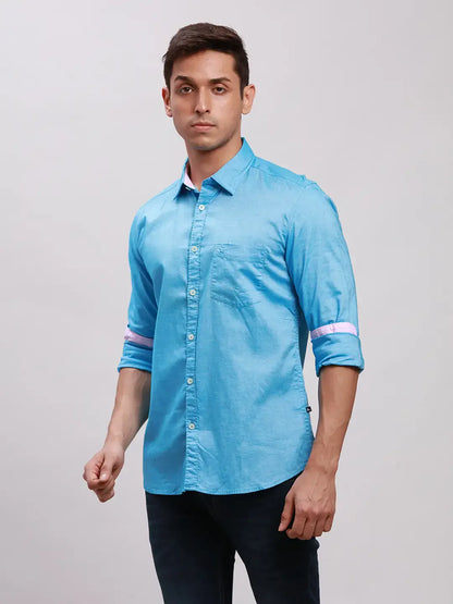 Parx Men Blue Solid Slim Fit Cotton Full Sleeve Cut Away Collar Shirt