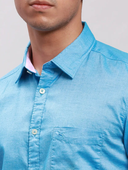 Parx Men Blue Solid Slim Fit Cotton Full Sleeve Cut Away Collar Shirt