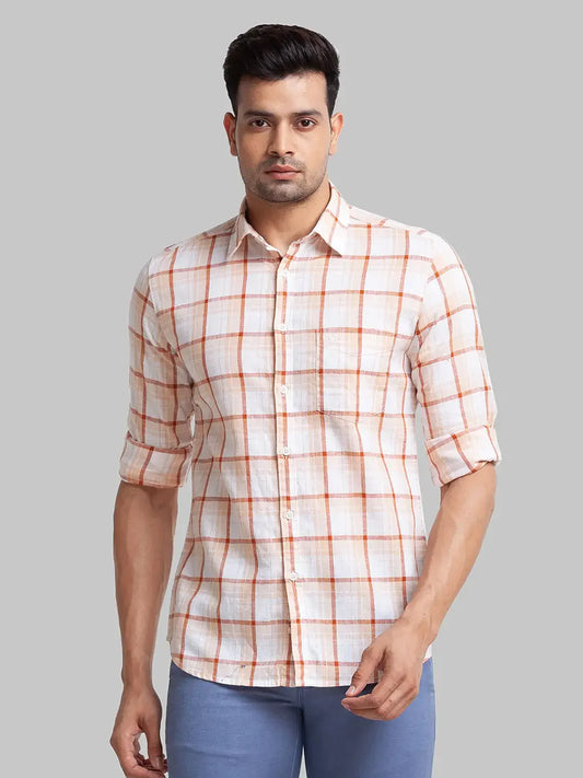 Men Brown Slim Fit Checks Linen Cotton Blend Full Sleeve Shirts