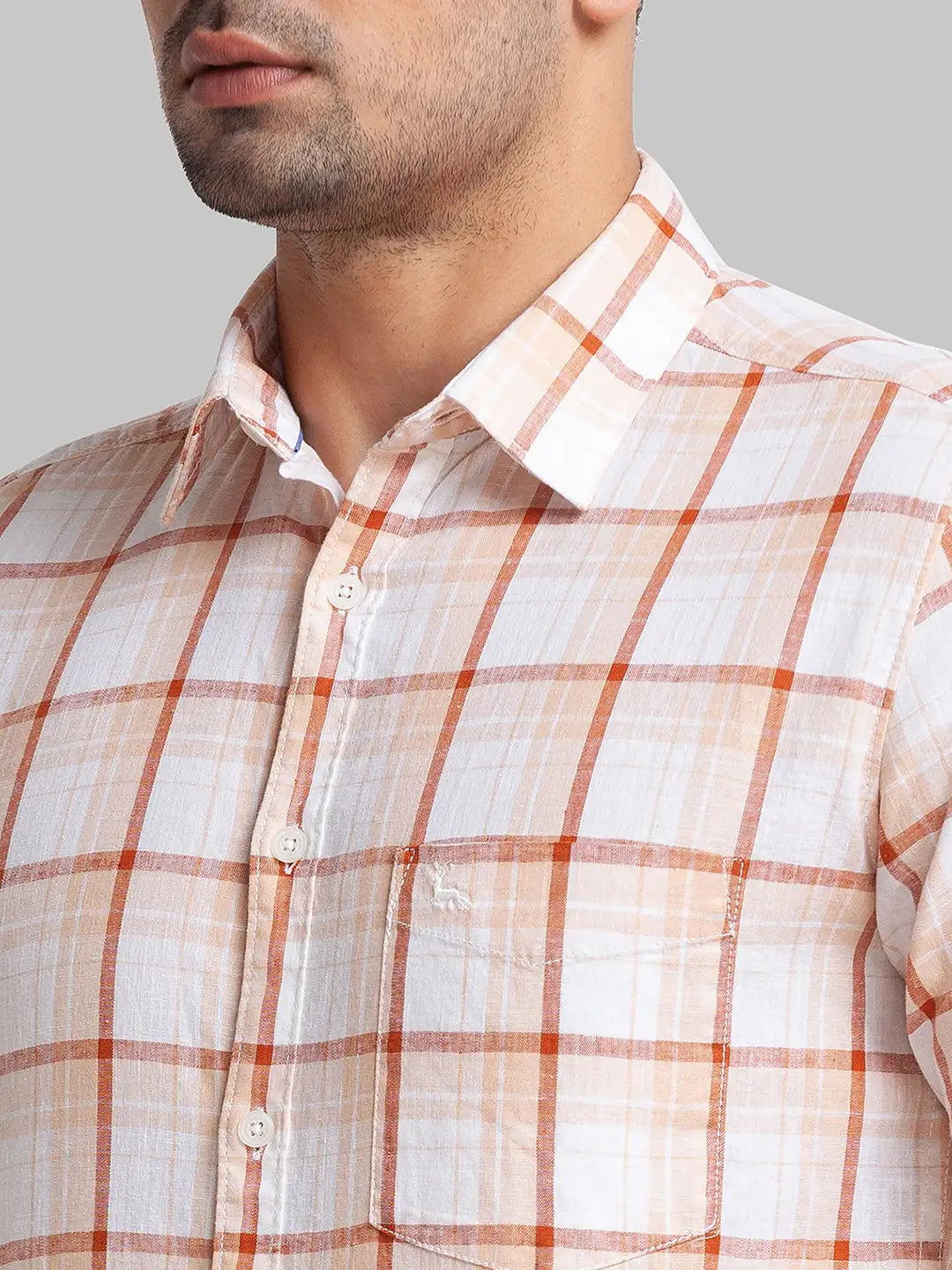 Men Brown Slim Fit Checks Linen Cotton Blend Full Sleeve Shirts