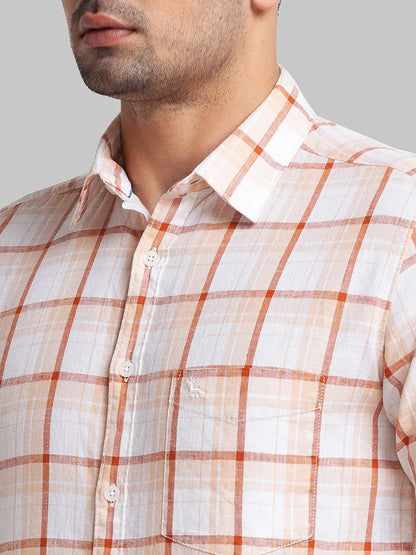 Men Brown Slim Fit Checks Linen Cotton Blend Full Sleeve Shirts