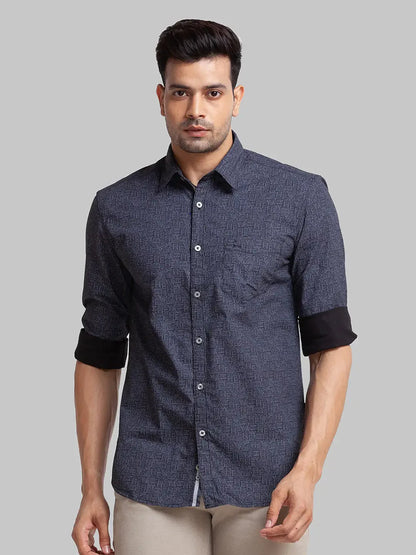 Parx Men Blue Printed Slim Fit Cotton Casual Shirt