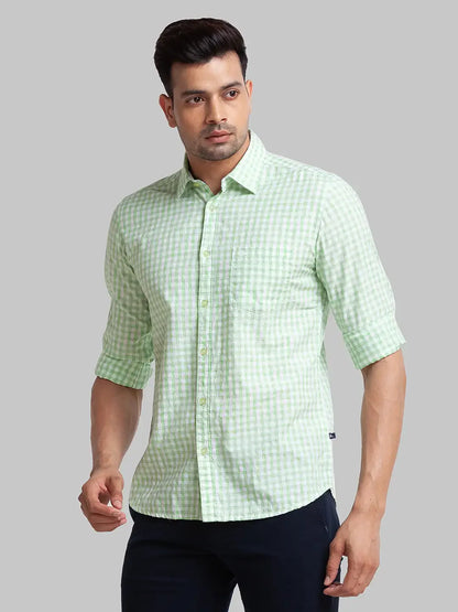 Parx Men Green Checks Slim Fit Cotton Blend Full Sleeve Shirt