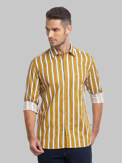 Men Yellow Slim Fit Print Cotton Full Sleeve Shirts