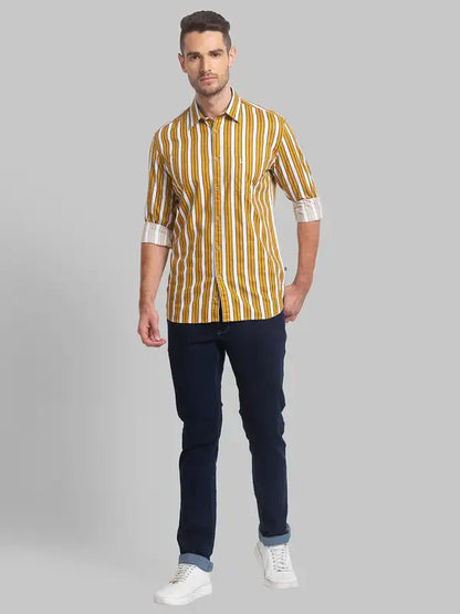 Men Yellow Slim Fit Print Cotton Full Sleeve Shirts