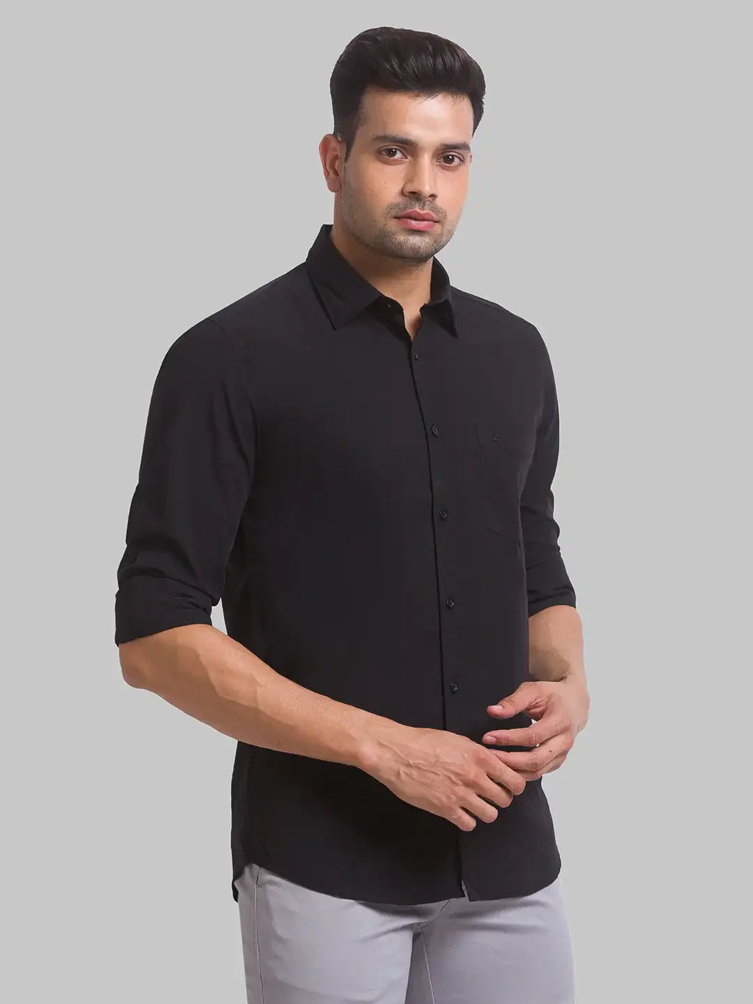 Men Black Slim Fit Solid Polyester Blend Full Sleeve Shirts