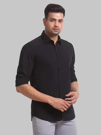 Men Black Slim Fit Solid Polyester Blend Full Sleeve Shirts