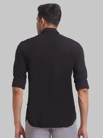 Men Black Slim Fit Solid Polyester Blend Full Sleeve Shirts