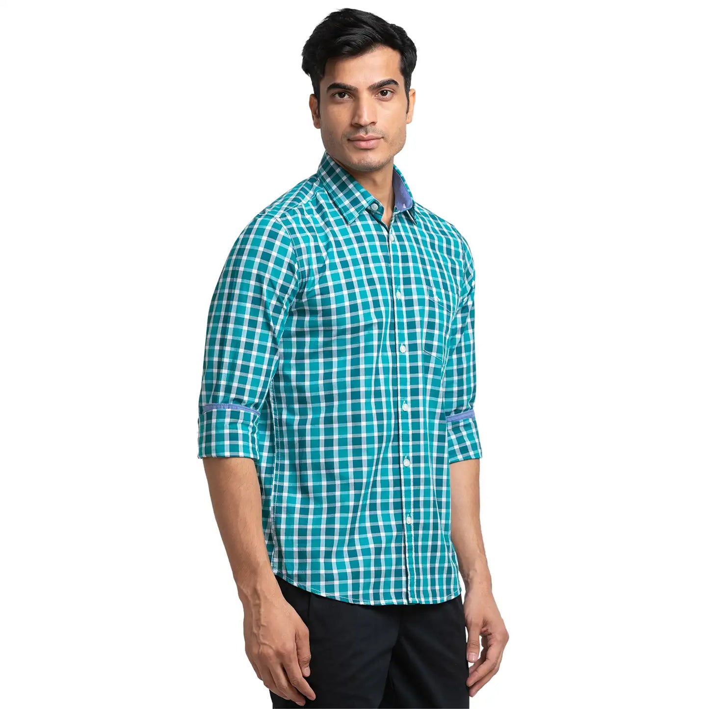 Men Green Slim Fit Checks Cotton Full Sleeve Shirts