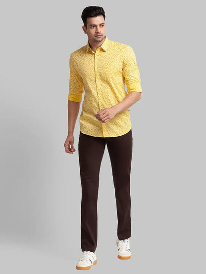 Men Yellow Slim Fit Print Cotton Full Sleeve Shirts