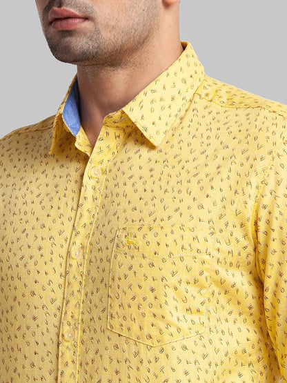 Men Yellow Slim Fit Print Cotton Full Sleeve Shirts
