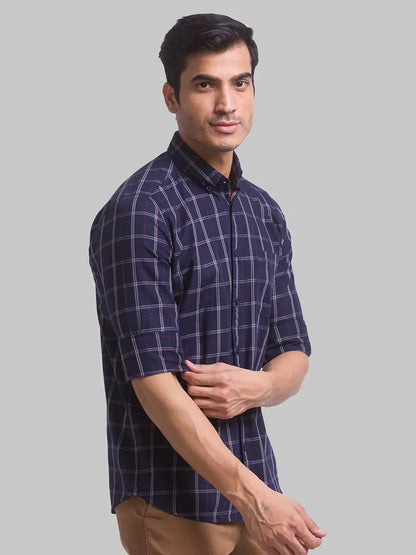 Men Blue Slim Fit Checks Cotton Full Sleeve Shirts